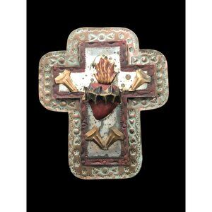 Handmade Sacred Heart Milagro Tin Punch Cross Mexico Folk Art 12x10x2" Sagrado C